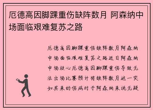 厄德高因脚踝重伤缺阵数月 阿森纳中场面临艰难复苏之路